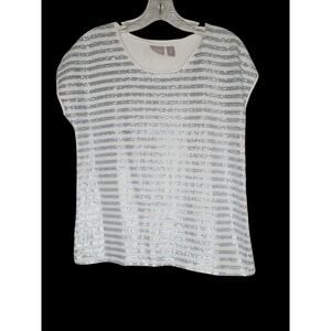 Chicos White Blue Stripe Sequin Sparkle Top T Shirt Womens Size 0 Small